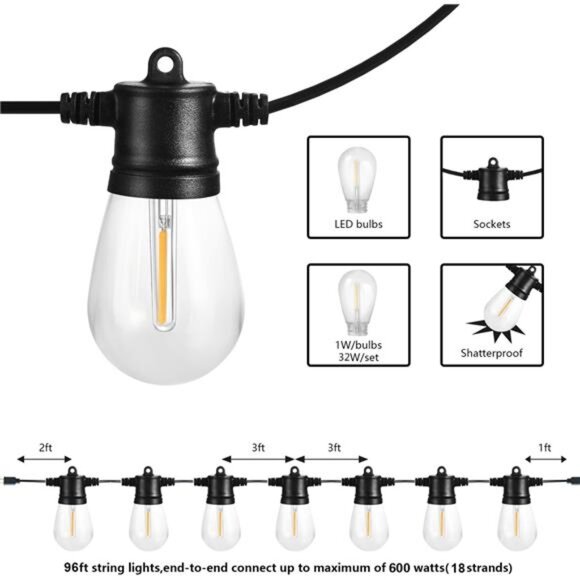 Outdoor String Lights, 96FT Patio Lights with 32 LED Shatterproof Bulbs, Hanging - Picture 2 of 7